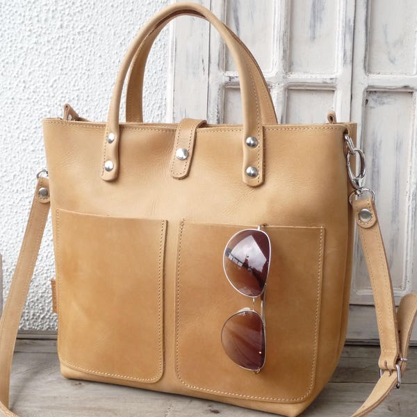 Small leather tote bag women, leather tote with optional zipper, interior zipper pocket, crossbody strap, distressed, small shopper, Lenie!