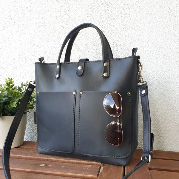 BLACK LEATHER TOTE bag women, small leather tote bag with zipper options, crossbody leather handbag women, small leather shopper, Lenie!