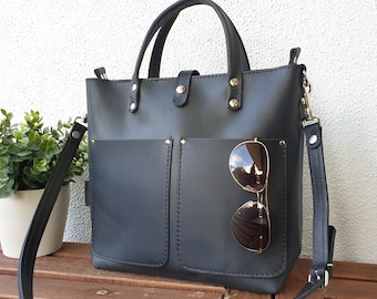 Schwarze Leder Handtasche Damen, schwarze Leder Umhängetasche Damen, kleine Leder Tote Bag mit Optionen, Ledertasche Crossbody, Lenie!