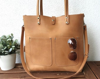 Large leather tote bag women tan color, sturdy leather, large leather shoulder bag women, crossbody strap, Enie Frontpocket - brown!