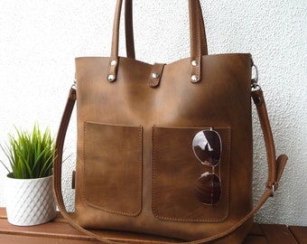 Leather handbag large brown, top handle bag women, large tote bag, large brown leather tote women, laptop bag, Enie FP - brown!!