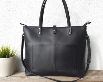 Leather laptop bag extra large women black, for laptops up to 15", large leather tote with top zipper, zipper pocket and shoulder strap!