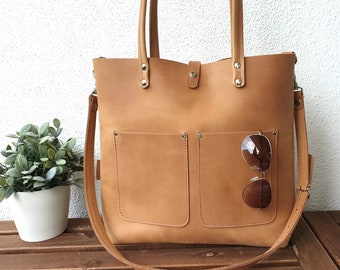 LARGE LEATHER TOTE bag women brown, sturdy leather, large leather shoulder bag women, crossbody strap, Enie Frontpocket - brown!