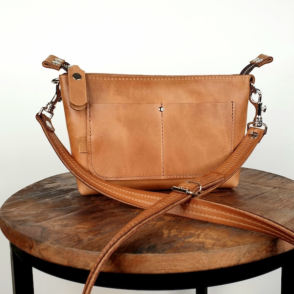 Mini leather crossbody bag women cognac brown, mini handbag, convertible as clutch or party bag, top zipper, genuine leather, 9" w x 6.3" h!