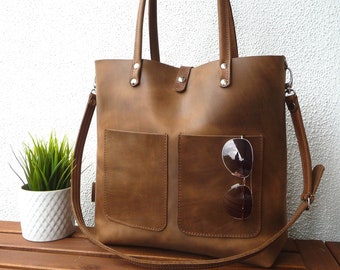 LARGE LEATHER HANDBAG women brown, large shoulder bag, high quality natural leather, lifetime quality, Enie frontpocket - brown!!