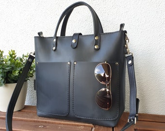 Zwart lederen dames handtas, zwart lederen crossbody dames, kleine lederen draagtas met opties, lederen crossbody tas, Lenie!