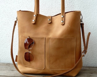 LEATHER SHOULDER BAG, Large Leather shoulder bag women, Shopping tote bag, sturdy leather tote bag, minimalist, Enie Frontpocket - camel!
