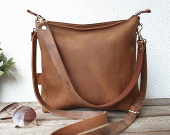 Leather purse for women, leather handbag, caramel brown, effortless style, medium size, 12" x 11", shoulder/crossbody bag, 2 strap options!