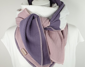 XXL mousseline sjaal voor dames, gezellig en warm, 100% katoen, 1,30 m x 1,30 m, oudroze, crèmewit, lila, grote, decoratieve warme sjaal!
