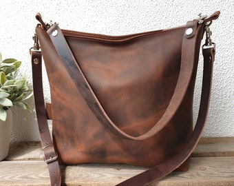 Leather handbag women, chocolate brown, high quality, effortless style, medium size, 12" x 11", choose shoulder and/or crossbody strap!