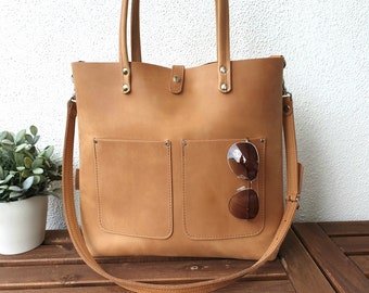 LARGE LEATHER TOTE bag women brown, sturdy leather, large leather shoulder bag women, crossbody strap, Enie Frontpocket - brown!