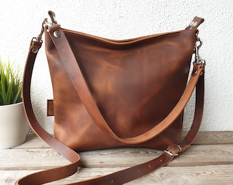 Leder Umhängetasche Damen braun, Crossbodytasche, mittlere Größe, 32 cm x 28 cm, Schulter- und Crossbodygurt, handgefertigt in Deutschland!