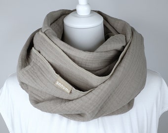 Schal Baumwolle Damen, 75 cm x 64 cm, Loop aus Musselin, taupefarben, warmer kuscheliger Winterloop!