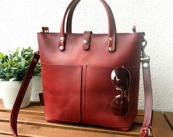 LEATHER TOTE BAG women, small leather tote bag with zipper options, small leather tote bag women, crossbody strap, top handle bag, Lenie!