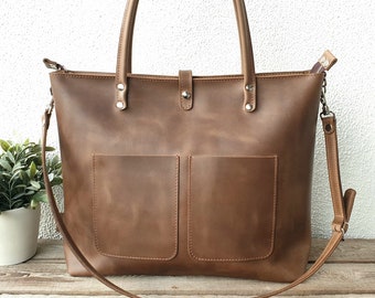 XXL Leather shoulder bag, oversized leather handbag women brown, for 15" laptop, top zipper, zipper pocket, sturdy full grain leather!