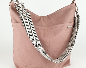 Crossbody bag canvas pale pink for women medium size, heavy washed canvas, handmade in Germany, shoulder bag with top zipper, many pockets!