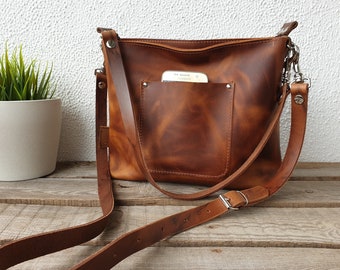 Borsa a tracolla piccola in pelle marrone cognac con cerniera, 2 cinturini tra cui scegliere, borsa a tracolla in pelle per donna, 28 cm x 23 cm x 10 cm!