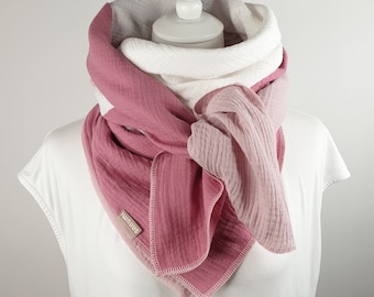 Muslin Scarf women, 100% cotton, pink creme white, 52" x 52" warm and cosy!