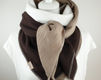 Large scarf women, 100% cotton, 52" x 52", XXL muslin scarf, espresso, creamwhite, taupe, warm large cosy scarf for women!