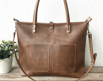 XXL Leather bag for laptop up to 15", large brown leather tote women, with top zipper, with zipper pocket, oversized, full grain leather!