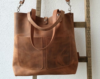 Large leather tote bag brown for women, 15" w x 13" h, 4.7" d, large leather shoulder bag, strong pull up leather, care with leather balm!