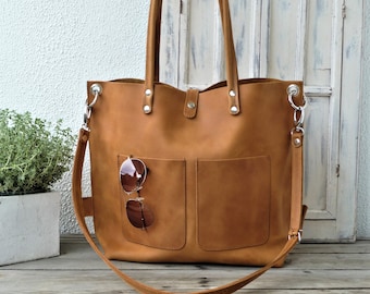 Large leather shoulder bag cognac brown for women, large leather handbag for work, handbag with crossbody strap, high quality cow leather!