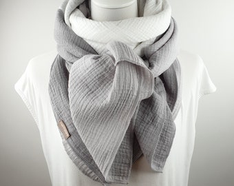 Scarf women, 100% cotton cloth, 52" x 52", XXL muslin scarf, gray, cream white, light gray, warm large cosy scarf for women!