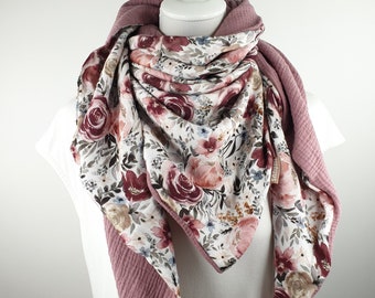 Large Muslin triangle scarf women girl, rose pattern and berry, 100% cotton, cotton scarf for spring!