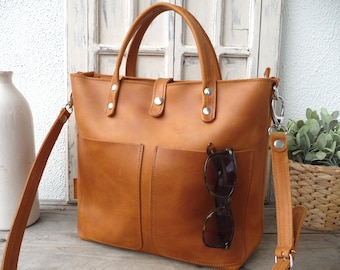 LEREN handtas dames COGNAC COLOR,, kleine bruine leren schoudertas dames, met optionele voorvakken, ritsen, schouderband, Lenie!