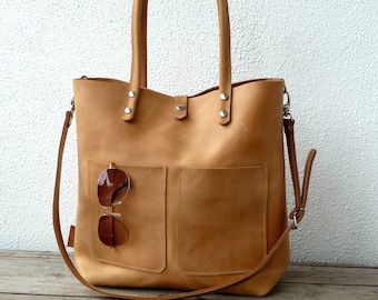 Large leather shoulder bag women, genuine sturdy but smooth cow leather camel brown, Shopping bag, minimalistic, Enie Frontpocket - camel!