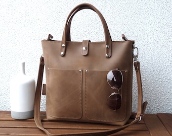 SMALL LEATHER TOTE bag women brown, small leather shopper women brown, zipper options, tote bag, crossbody strap, top handle bag, Lenie!