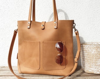 Large leather bag women, english tan color, with crossbody strap, large shopping bag, sturdy natural leather, lifetime quality!