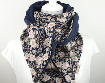 Large Muslin triangle scarf women girl, floral pattern and dark blue , 100% cotton, cotton scarf for spring!