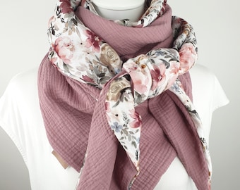 Large Muslin triangle scarf women girl, rose pattern and berry, 100% cotton, cotton scarf for spring!