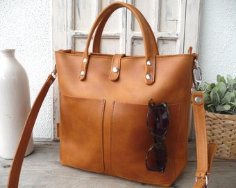 TAN LEATHER handtas dames, leren crossbody tas dames tan, met optionele voorzakken, ritsen, crossbody riem, Lenie!