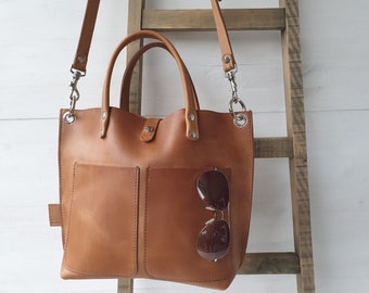 Cognac braune Leder Handtasche / Crossbodytasche Damen, 38 cm x 27 cm, kurze Henkel, langer Gurt, festes Naturleder, minimalistischer Style!