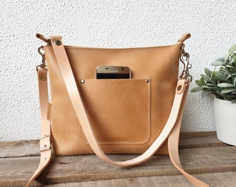 Small leather bag women with zipper, camel color, 11" w, 9" h, 4" d, 2 strap options, thick cow hide leather, minimalistic style!