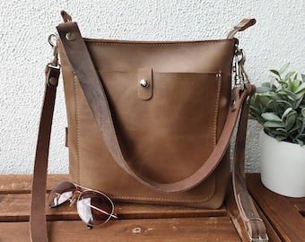 Leder Umhängetasche Damen braun, Reißverschluss, 2 Tragegurte zur Auswahl, Leder Crossbody Tasche, Schultergurt und/oder Crossbody Gurt!