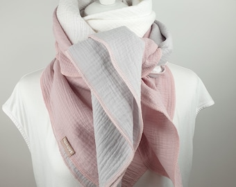 Large muslin scarf women girls, 100% cotton, 52" x 52", XXL muslin scarf, pink cremewhite, light grey, warm large cosy scarf for women!