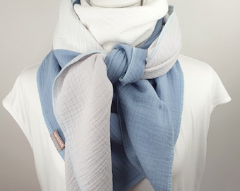 Sciarpa in mussola XXL, sciarpa grande per donne e ragazze, 100% cotone, 1,30 m x 1,30 m, azzurro, bianco crema, grigio chiaro, sciarpa calda decorativa!