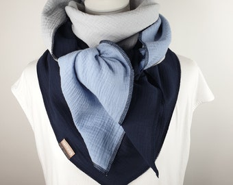 Large Cotton scarf women, 100% cotton, 52&quot; x 52&quot;, XXL muslin scarf, dark blue, pale blue, light blue, warm large cosy scarf for women!