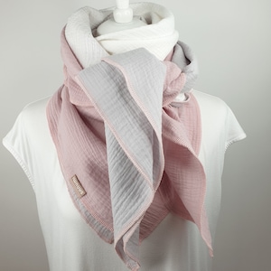 Large muslin scarf women girls, 100% cotton, 52&quot; x 52&quot;, XXL muslin scarf, pink cremewhite, light grey, warm large cosy scarf for women!