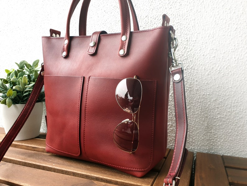 LEATHER TOTE BAG women, small leather tote bag with zipper options, small leather tote bag women, crossbody strap, top handle bag, Lenie image 7