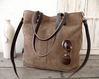 Suede Leather tote, large suede leather tote, laptop suede leather tote, leather tote woman, modern laptop bag, ELINE - topobrown!