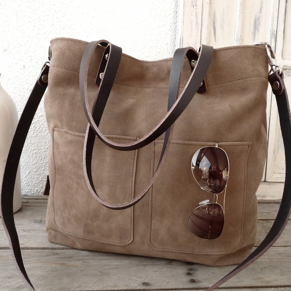 Suede Leather tote, large suede leather tote, laptop suede leather tote, leather tote woman, modern laptop bag, ELINE - topobrown!