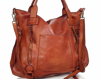 Italian leather tote bag cognac brown women, large soft shopper bag, slouchy handbag, high quality leather, handmade in Italy!