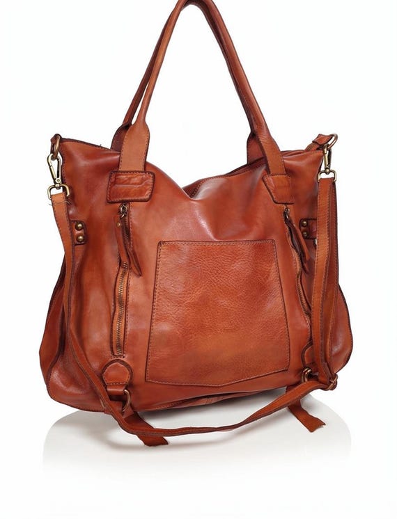 Italienische Leder Tragetasche cognac braun, große weiche Shoppertasche Büro und Alltag für Damen, hochwertige Haptik, handmade in Italy!