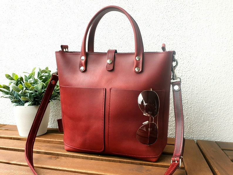 LEATHER TOTE BAG women, small leather tote bag with zipper options, small leather tote bag women, crossbody strap, top handle bag, Lenie image 1