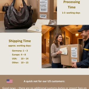 May include: A dark brown leather tote bag and a cardboard box with shipping labels. The image also shows a woman receiving a package from a delivery person. Text on the image indicates processing and shipping times.