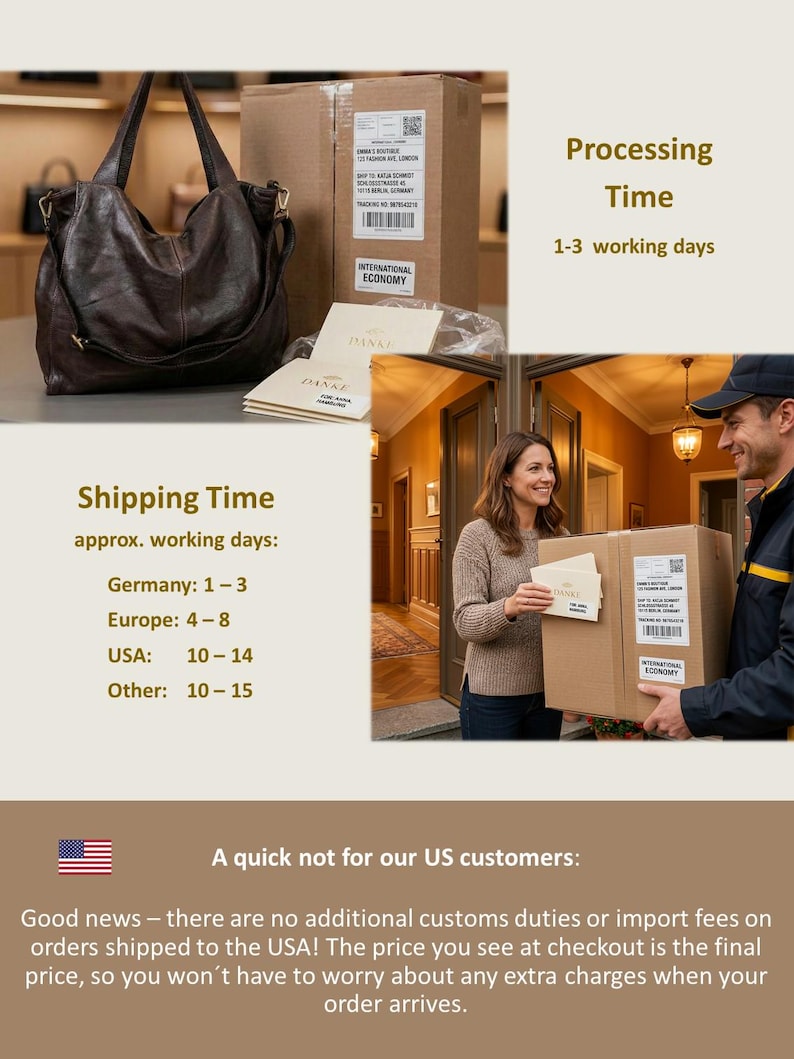 May include: A dark brown leather tote bag and a cardboard box with shipping labels. The image also shows a woman receiving a package from a delivery person. Text on the image indicates processing and shipping times.